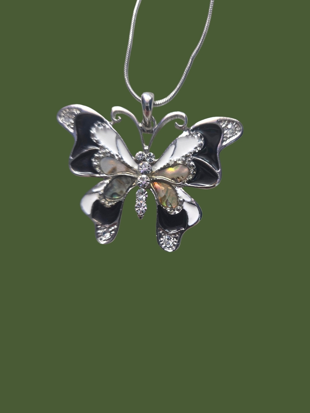 Silver Butterfly Pendant Necklace with Black and Iridescent Accents